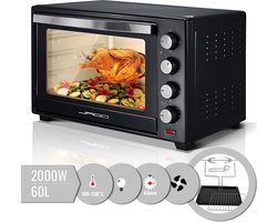 Jago - Mini Oven van 60 Liter met Luchtrecirculatie en ingebouwde Timer - Binnenverlichting - Elektrisch - Deuren van Dubbelglas - 100-230° - 2000W - 5 Soorten Verwarming - Mini Oven met Roterend Spit - Pizza Oven - Zwart