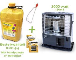 Petroleumkachel TOSAI 360 SET + Tosaïne met 20 liter Kristal Petroleum - Kouskachel - 3.0 kW 120 m³ - optimale set met handpompje en inclusief batterijen - noodpakket