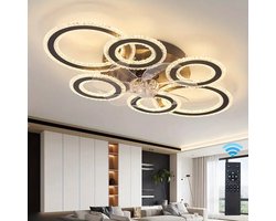 6 Ringen Kristallen Plafondventilator - Zwart - 6 Snelheden - Smart lamp - Dimbaar Met Afstandsbediening & APP - Moderne Cirkel Ventilator Licht - Crystal Kroonluchter Ventilator