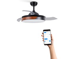 CREATE - Plafondventilator 40W stil Ø108cm intrekbare messen - Zwart & Donker hout - Met licht - Met Wifi - WIND CLEAR