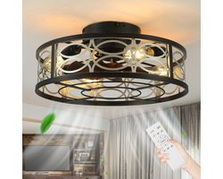 Industriële Plafondventilatorlamp - Stille Motor - Afstandsbediening - Vintage Kooi Design - 6 Snelheden - Timerfunctie - Woonkamer en Keuken - Zomer en Winterstand - Zwart - E27 Fitting