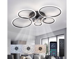 LuxiLamps - 5 Ringen Plafondventilator - Zwart - 6 Snelheden - Dimbaar Met Afstandsbediening en APP - Moderne Cirkel Ventilator Licht