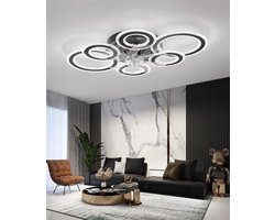 Moderne LED Plafondventilator - 6 Ringen - Dimbaar - Met Afstandsbediening - Crystal Ringen Ventilator - Zwart - Chandelier Fan - Zomer/Winter - Woonkamer Lamp - 76 cm