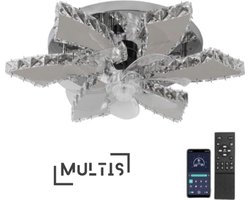 Multis Lotus Kristallen Ventilator Lamp - Crystal Plafondventilator Met Verlichting - Plafonniere - App Bediening - Met Dimmer - 6 Standen Ventilator - Met Afstandsbediening - Keuken Lamp - Woonkamer Lamp - Moderne Lamp - LED - Chrome