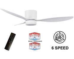 Plafondventilator Brezza Ø 132 cm met verlichting wit – stille ventilator – top kwaliteit - energie zuinig – met remote - ventilator voor laag plafond - 6 snelheden - warm wit licht - 3 step DIM systeem - zomer en winter stand – witte ventilator