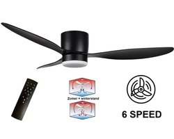 Plafondventilator Brezza Ø 132 cm met verlichting zwart – stille ventilator – top kwaliteit - energie zuinig – met remote - ventilator voor laag plafond - 6 snelheden - warm wit licht - 3 step DIM systeem - zomer en winter stand – zwarte ventilator