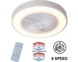 Plafondventilator Fiato Ø 50 cm - metalen ventilator - ventilator voor laag/schuin plafond - top kwaliteit - stil - energie zuinig - 6 snelheden - warm wit licht 2700 Kelvin - 3 step dim - zomer en winter stand - wit