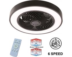 Plafondventilator Fiato Ø 50 cm - metalen ventilator - ventilator voor laag/schuin plafond - top kwaliteit - stil - energie zuinig - 6 snelheden - warm wit licht 2700 Kelvin - 3 step dim - zomer en winter stand - zwart