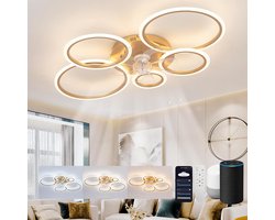 Plafondventilator Ø100 cm - Met Verlichting - Alexa & Google Assistant - Met Afstandsbediening - 5 Ringen - Timer - Zomer/Winter functie - Goud - Woonkamer - Slaapkamer - Plafondlamp met ventilator