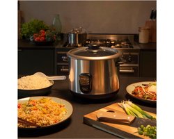 Automatische Eco Rijstkoker BPA Vrij 1.5L Volume Warmhoudfunctie Auto Off Antiaanbaklaag Glazen Deksel Inclusief Rijstlepel En Maatbeker Slowcooker 500 Watt RVS