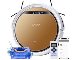 ZACO V5x - stofzuigrobot met veegfunctie - bediening met App, Alexa, Google Home veegrobot - 8.1cm plat - automatische stofzuigrobot - voor harde vloeren - valbeveiliging - met Wifi - 60db - Goud