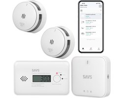 SAVS LinkSmart Slimme bundel - 2 S10-W Rookmelders, 1 C10-W Koolmonoxidemelder en G10 Base Station - Werkt via app - WiFi gateway - Draadloos RF koppelbaar - Brandalarm en CO melder - Smart home