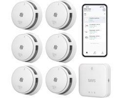 SAVS LinkSmart Slimme Rookmelder bundel - 6 S10-W Rookmelders en G10 Base Station - Werkt via app - WiFi gateway - Draadloos RF koppelbaar - Brandalarm - Smart home