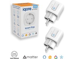 iqore - 2x Slimme stekker WiFi - ondersteund MATTER - 16A - Smart plug met Stroomverbruikmeter, Energiemeter en Timer - Geschikt voor Apple Homekit / Siri, Google Home & Amazon Alexa- HUB IS VEREIST