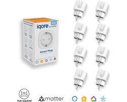 iqore - 8x Slimme stekker WiFi - ondersteund MATTER - 16A - Smart plug met Stroomverbruikmeter, Energiemeter en Timer - Geschikt voor Apple Homekit / Siri, Google Home & Amazon Alexa- HUB IS VEREIST