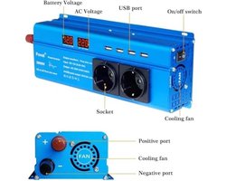 Omvormer, 12 V naar 220 V, Puur Sinus, 1500 W, 3000 W, 2 Stopcontacten 4 USB