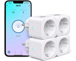 Relify Slimme Stekker - Smart Plug - Spraakbesturing - Incl Energiemeter & Tijdschakelaar via Smartphone App - Google Home - Amazon Alexa - Zonder Hub te gebruiken - 4 Pack - Wit