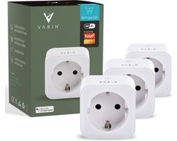 Varin® Slimme stekker met energiemeter [3 stuks] - 16A - Voor type C, E & F stekkers - Tijdschakelaar - Bediening app - Smart plug - Voice control Google Home, Amazon Alexa - Smart lamp - Tuya wifi - Slimme verlichting woonkamer, keuken, slaapkamer