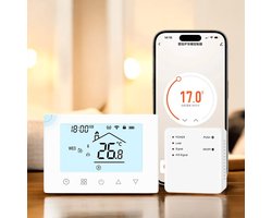 Slimme Draadloze Thermostaat met Touchscreen | Batterijen of USB-C voeding | Draadloos + RF Ontvanger | Vlakke opbouw wandmontage | C.V. Installatie | Boiler | Wit