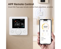 Slimme Draadloze Wifi Thermostaat met Draaiknop | 3x AAA of USB-C voeding | RF Ontvanger bij installatie met 90-240V voeding | Opbouw of Los Staand op Steun | C.V. Waterverwarming | Boiler | Wit | 3amp