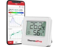 Thermometer TP357 met App - Bluetooth 80m - Kamerthermometer Binnen - Luchtvochtigheidsmeter met Smileyindicator & Grafiek - Hygrometer - Wit