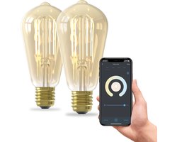 Calex Slimme Lamp - Set van 2 stuks - Wifi LED Filament Verlichting - E27 - Rustiek Smart Bulb Goud - Dimbaar - Warm Wit licht - 7W