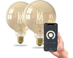 Calex Slimme Lamp - Set van 2 stuks - Wifi LED Filament Verlichting - Globe 12.5cm - E27 - Smart Lichtbron Goud - Dimbaar - Warm Wit licht -