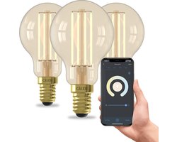 Calex Slimme Lamp - Set van 3 stuks - Wifi LED Filament Verlichting - E14 - Smart Lichtbron Goud - Dimbaar - Warm Wit licht - 4,9W