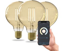 Calex Slimme LED Lamp G95 Filament Gold E27 - Set van 3 stuks - Wifi Verlichting - Globe 9.5cm - Smart Lichtbron Goud - 7W Dimbaar Warm Wit licht