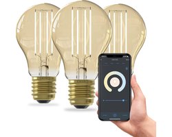 Calex Slimme LED Lamp - Set van 3 stuks - Wifi Filament Verlichting - E27 - Smart Lichtbron Goud - Dimbaar - Warm Wit licht - 7W