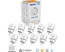 iqore - 10x Slimme stekker WiFi - ondersteund MATTER - 16A - Smart plug met Stroomverbruikmeter, Energiemeter en Timer - Geschikt voor Apple Homekit / Siri, Google Home & Amazon Alexa- HUB IS VEREIST