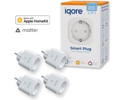 iqore - 4x Slimme stekker WiFi - APPLE HOMEKIT - ondersteund MATTER - Google Home - 16A 3680W Smart plug met Stroomverbruikmeter, Energiemeter en Timer - Compatibel met Apple Homekit / Siri - Smart Life app