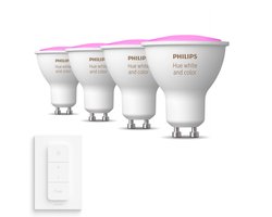 Philips Hue GU10 spot bundel 4 stuks - wit en gekleurd licht - 5,7W - Bluetooth - 1 Dimmer Switch - Dimbaar