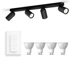 Philips Hue Pongee Opbouwspot (Zwart) - Warmwit Licht - Incl. Hue Dimmer Switch - Plafondspot met 4 Lichtpunten - GU10 - Hue White