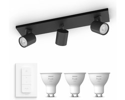 Philips Hue Runner Opbouwspot (Zwart) - Warmwit Licht - Incl. Hue Dimmer Switch - Plafondspot met 3 Lichtpunten - GU10 - Hue White