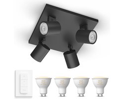 Philips Hue Runner Opbouwspot (Zwart) - Warmwit Licht - Incl. Hue Dimmer Switch - Plafondspot met 4 Lichtpunten - GU10 - Hue White