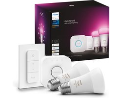 Philips Hue starterspakket E27 Lichtbron met Bridge en 1 x Dimmer Switch - White and Color Ambiance - 2 x 9W - Bluetooth