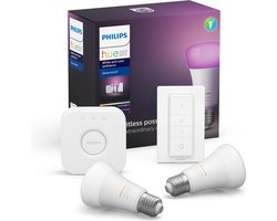 Philips Hue Starterspakket E27 Lichtbron met Bridge en Dimmer Switch - White and Color Ambiance - 2 x 9W - Bluetooth