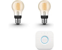 Philips Hue Starterspakket - E27 - met 2 Filament Standaard Lampen (A60) - Warmwit Licht - Incl. 1 Hue Bridge - Hue White Filament