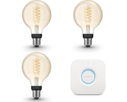 Philips Hue Starterspakket - E27 - met 3 Filament Globelampen Klein (G93) - Warmwit Licht - Incl. 1 Hue Bridge - Hue White Filament