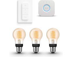 Philips Hue Starterspakket - E27 - met 3 Filament Standaard Lampen (A60) - Warmwit Licht - Incl. 1 Hue Bridge, 1 Hue Dimmer Switch - Hue White Filament