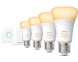 Philips Hue Starterspakket - E27 - met 4 Standaard Lampen - Warm tot Koelwit Licht - Incl. 1 Hue Bridge, 1 Hue Dimmer Switch - Hue White Ambiance