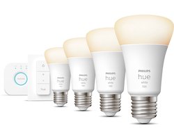 Philips Hue Starterspakket - E27 - met 4 Standaard Lampen - Warmwit Licht - Incl. 1 Hue Bridge, 1 Hue Dimmer Switch - Hue White