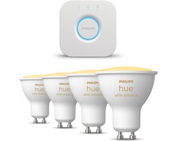 Philips Hue Starterspakket - GU10 - met 4 Spotjes - Warm tot Koelwit Licht - Incl. 1 Hue Bridge - Hue White Ambiance