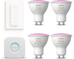 Philips Hue Starterspakket - GU10 - met 4 Spotjes - Wit en Gekleurd Licht - Incl. 1 Hue Bridge, 1 Hue Dimmer Switch - Hue White and Color Ambiance