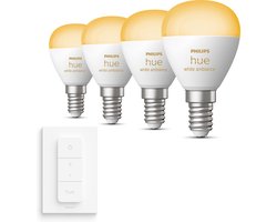 Philips Hue Uitbreidingspakket - E14 - met 4 Kogellampen - Warm tot Koelwit Licht - Incl. 1 Hue Dimmer Switch - Hue White Ambiance