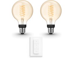 Philips Hue Uitbreidingspakket - E27 - met 2 Filament Globelampen Klein (G93) - Warmwit Licht - Incl. 1 Hue Dimmer Switch - Hue White Filament