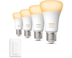 Philips Hue Uitbreidingspakket - E27 - met 4 Standaard Lampen - Warm tot Koelwit Licht - Incl. 1 Hue Dimmer Switch - Hue White Ambiance