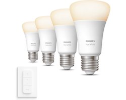 Philips Hue Uitbreidingspakket - E27 - met 4 Standaard Lampen - Warmwit Licht - Incl. 1 Hue Dimmer Switch - Hue White