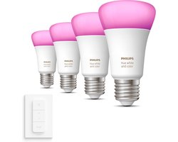 Philips Hue Uitbreidingspakket - E27 - met 4 Standaard Lampen - Wit en Gekleurd Licht - Incl. 1 Hue Dimmer Switch - Hue White and Color Ambiance